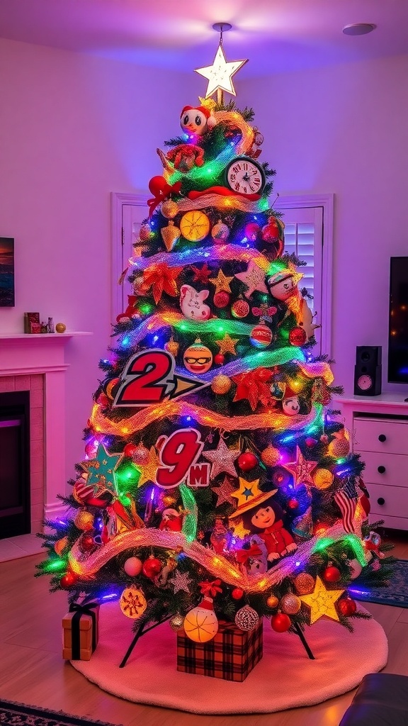 A vibrant 2000s themed Christmas tree with colorful lights and shiny ornaments in a cozy living room.